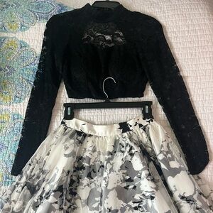 Black and white skirt with black lace top lace top homecoming dress set, size 3